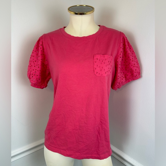 TOMMY HILFIGER Pink Eyelet Sleeves Top | Size Medium - Picture 1 of 10